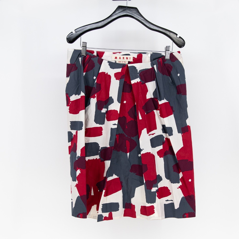 Marni Women's Made In Italy Cotton Poplin Pleated Straight Printed Skirt XL